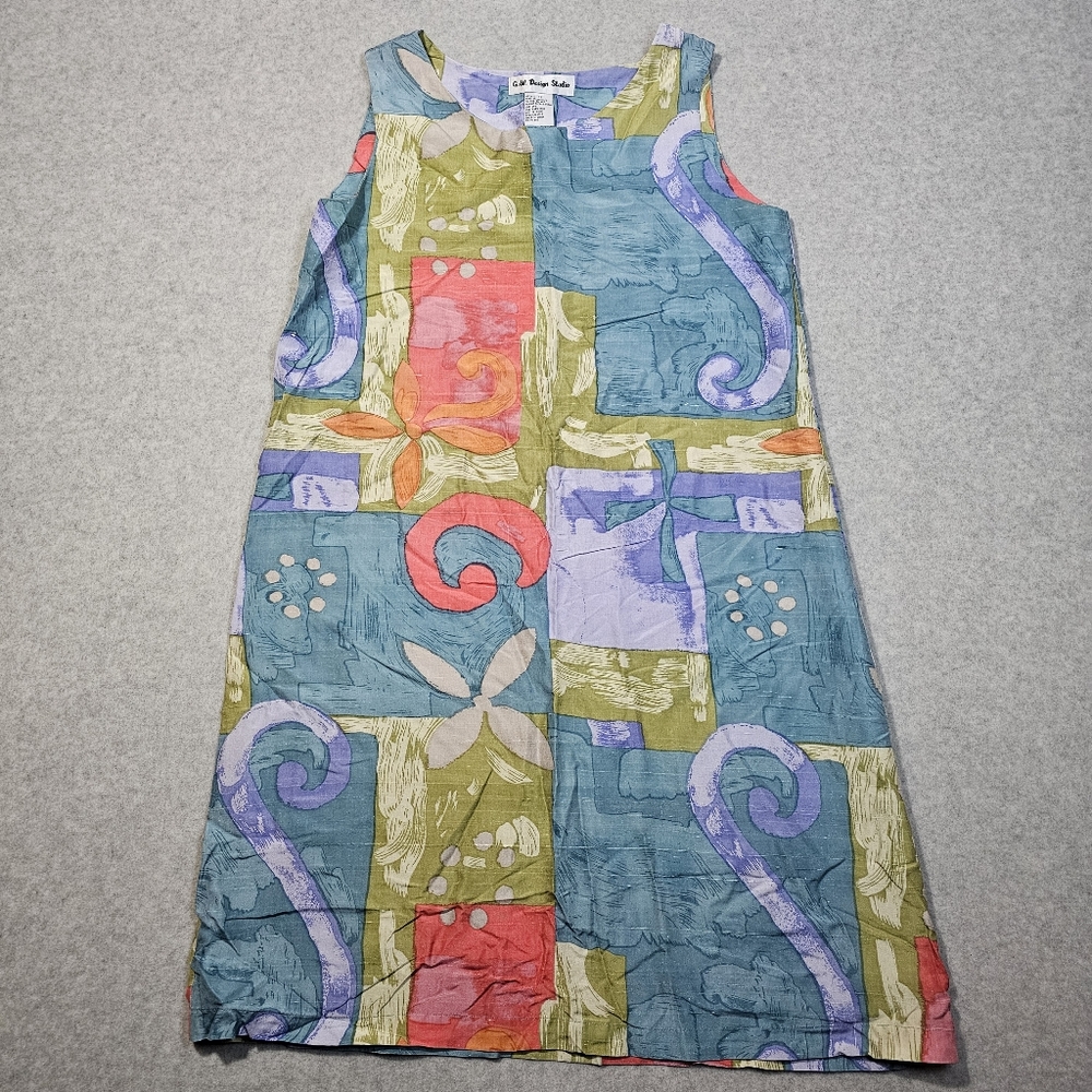 Vintage 100% Silk Artsy Art to Wear Midi Shift Dress Size 8 G.W. Design Studio
